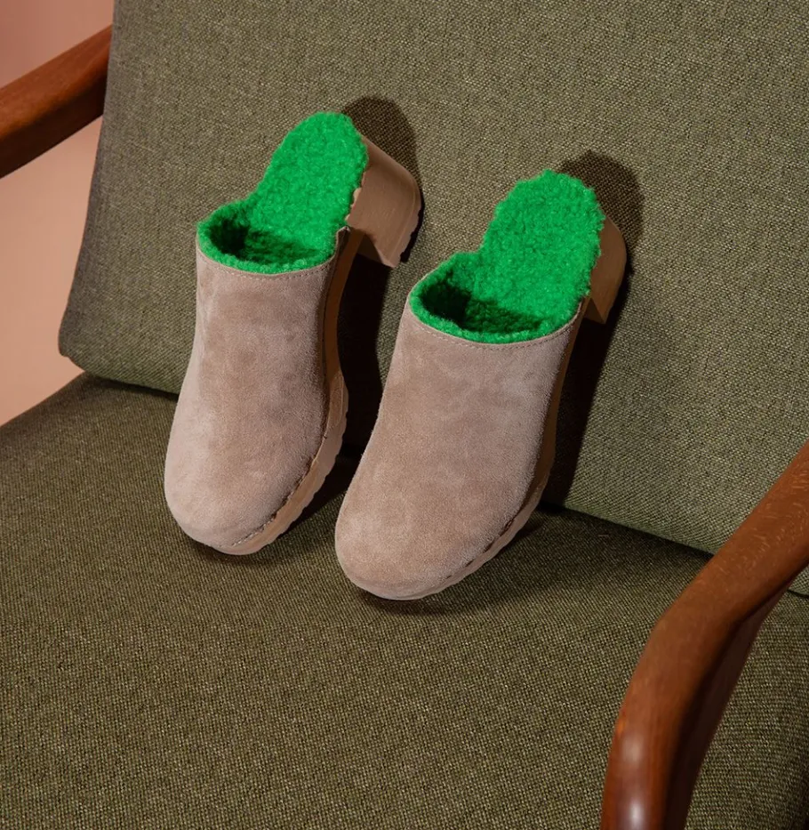 SOFTCLOX Hanja Kaschmir/Plusch Taupe/Green (Natur)-Frau Clogs